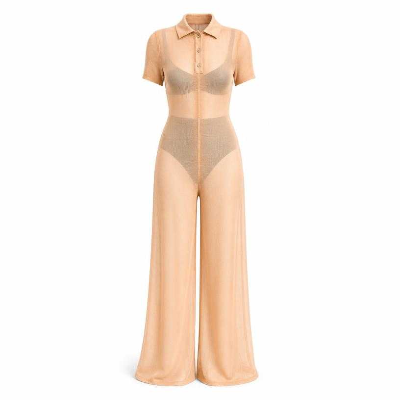 Generated item image of fitted peach beige wide-leg sheer knit polo jumpsuit