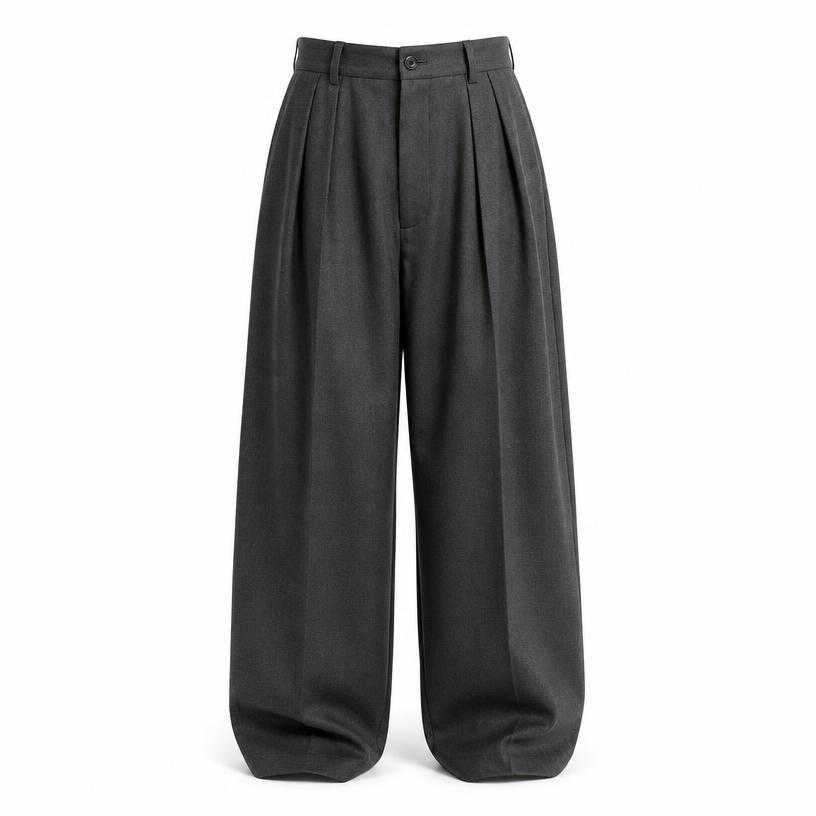 Generated item image of oversized charcoal grey high rise pleated trousers