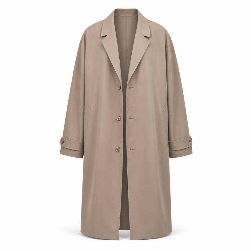 Generated item image of relaxed taupe beige notched lapel smooth woven fabric long coat