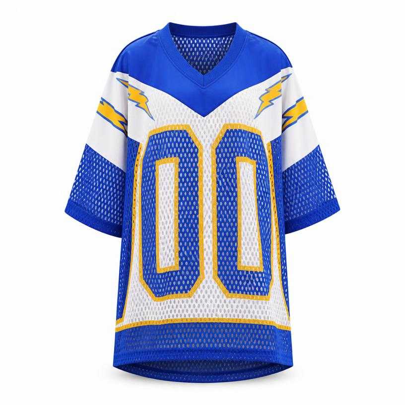 Generated item image of oversized bright blue graphic panels perforated synthetic mesh sports-jersey dress