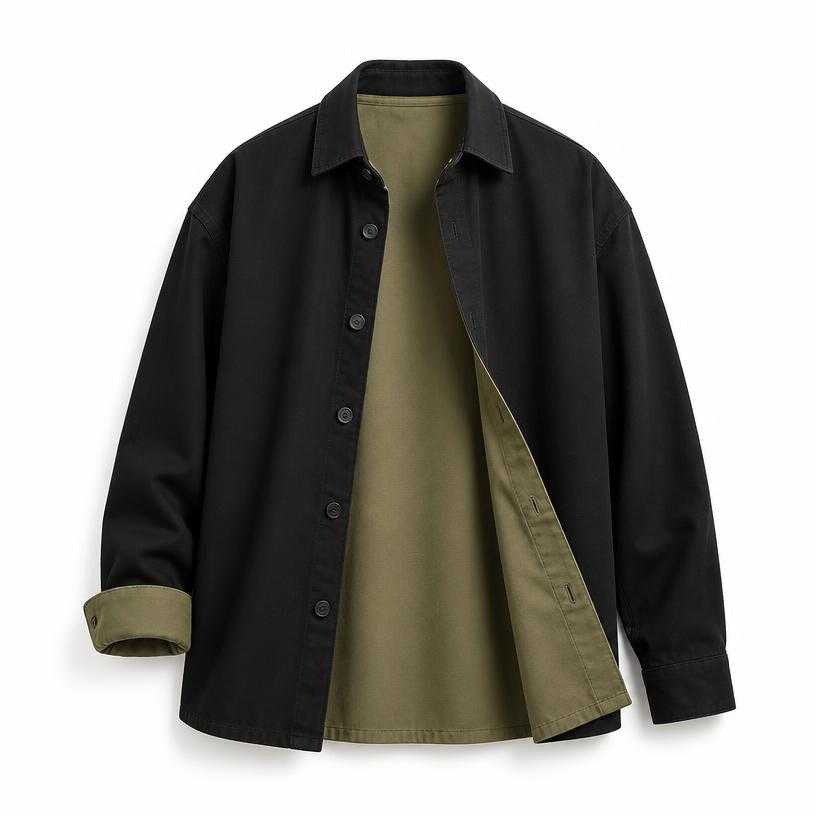 Generated item image of relaxed black open-front cotton twill overshirt