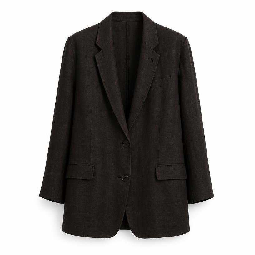 Generated item image of relaxed very dark brown-black single-breasted linen-like woven fabric blazer