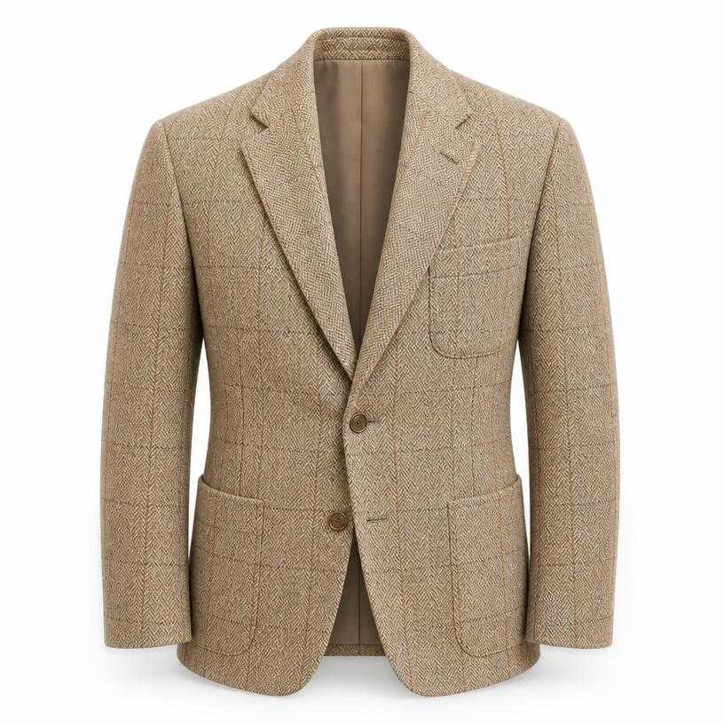 Generated item image of relaxed beige tan herringbone tweed suit jacket
