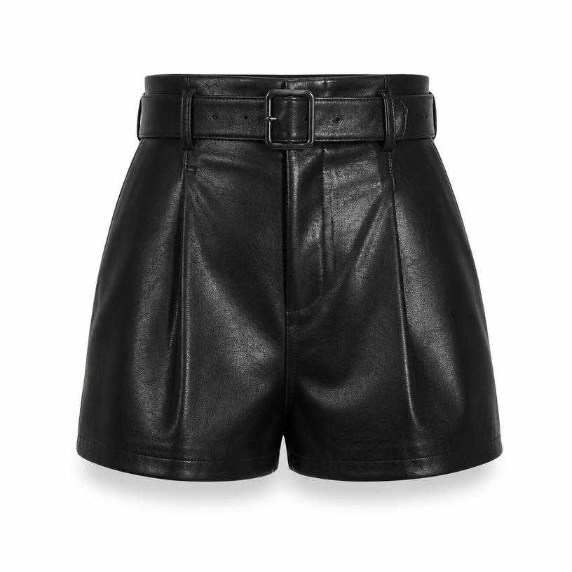 Generated item image of fitted black high-waisted leather-like shorts