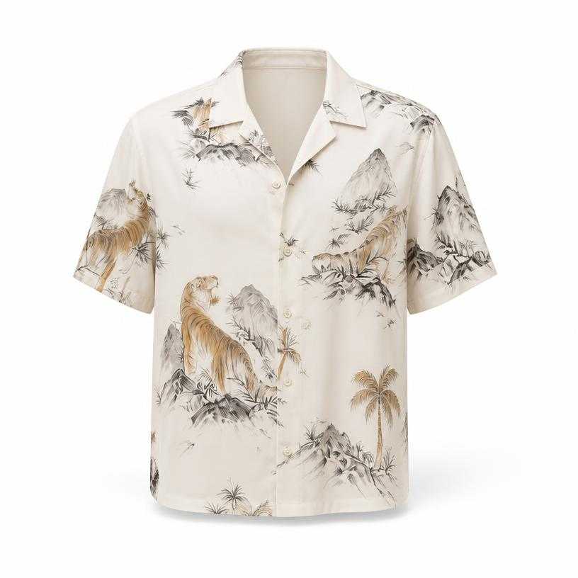 Generated item image of relaxed cream scenic print woven fabric camp-collar shirt