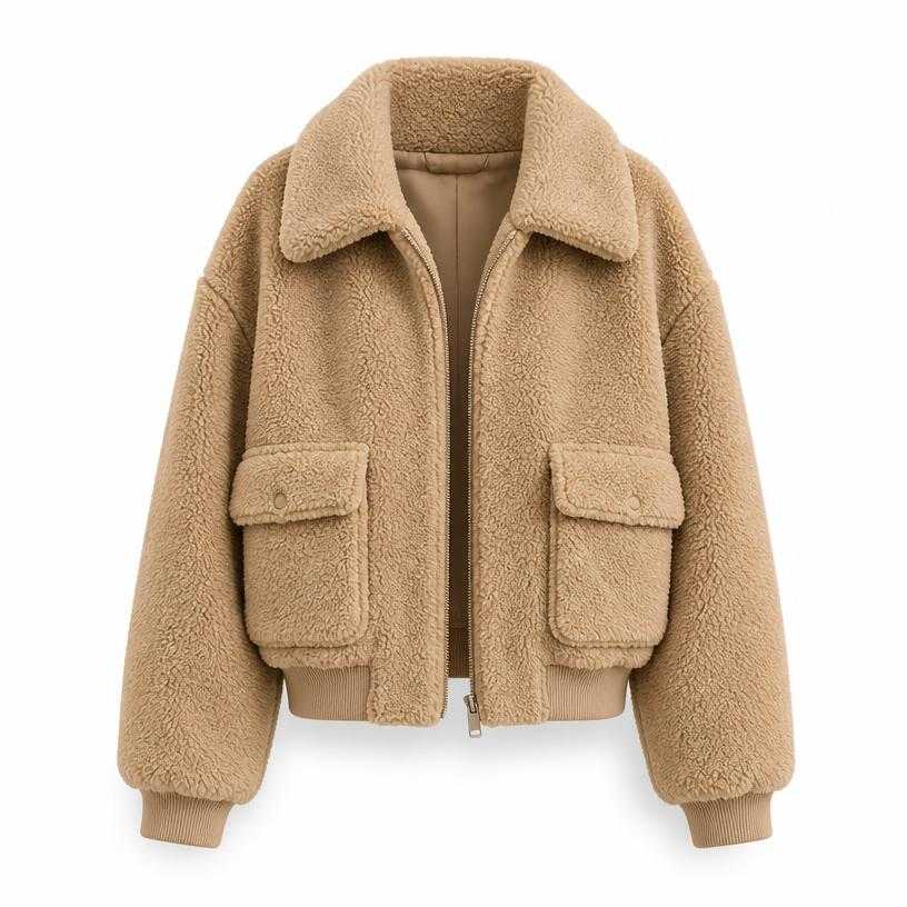 Generated item image of oversized beige tan cropped sherpa fleece teddy jacket