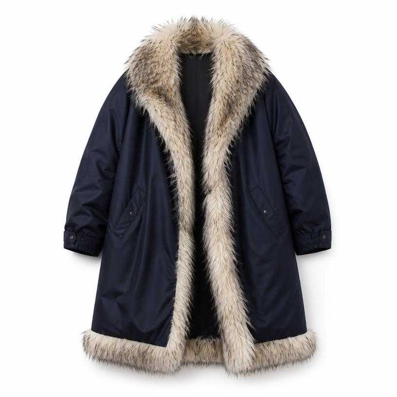 Generated item image of oversized deep navy shaggy trim smooth woven shell fur-trimmed coat