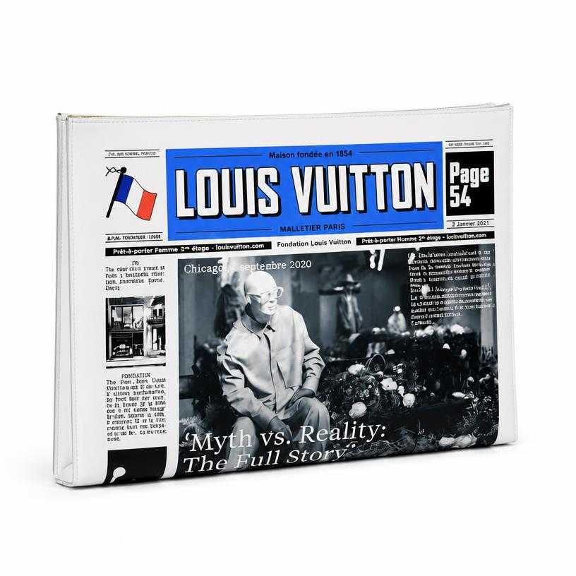 Generated item image of white newspaper-print coated canvas clutch bag