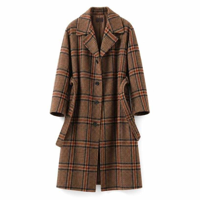 Generated item image of relaxed brown plaid large check wool-like coating overcoat