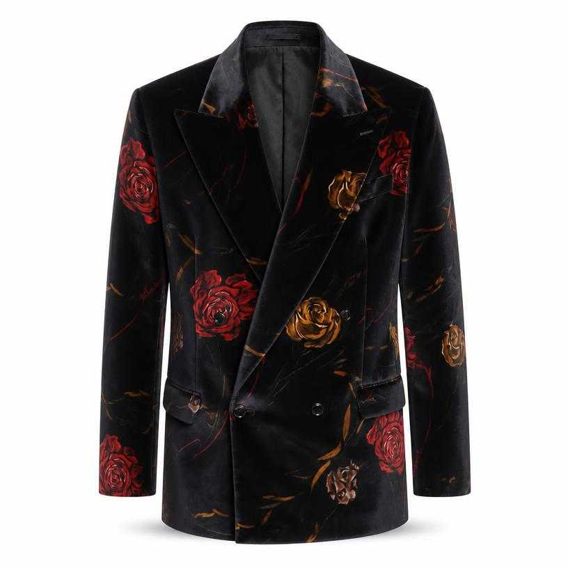 Generated item image of relaxed black with red and gold floral satin-like woven double-breasted suit jacket