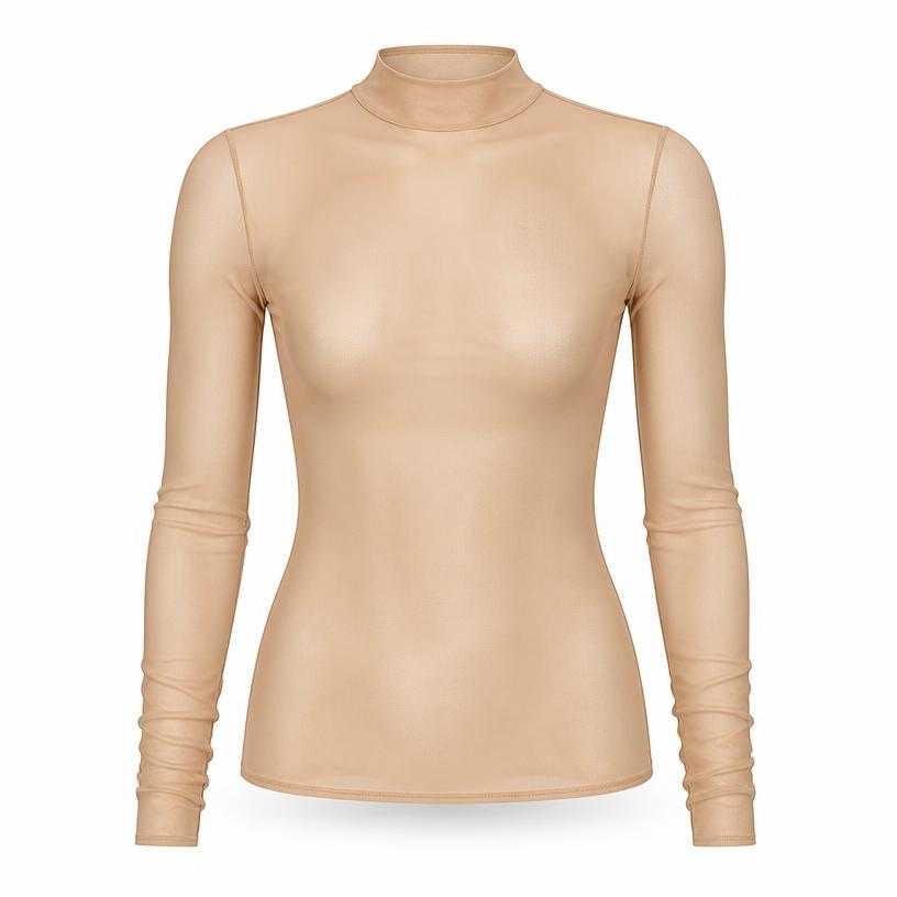 Generated item image of fitted nude beige sheer mesh long-sleeve top