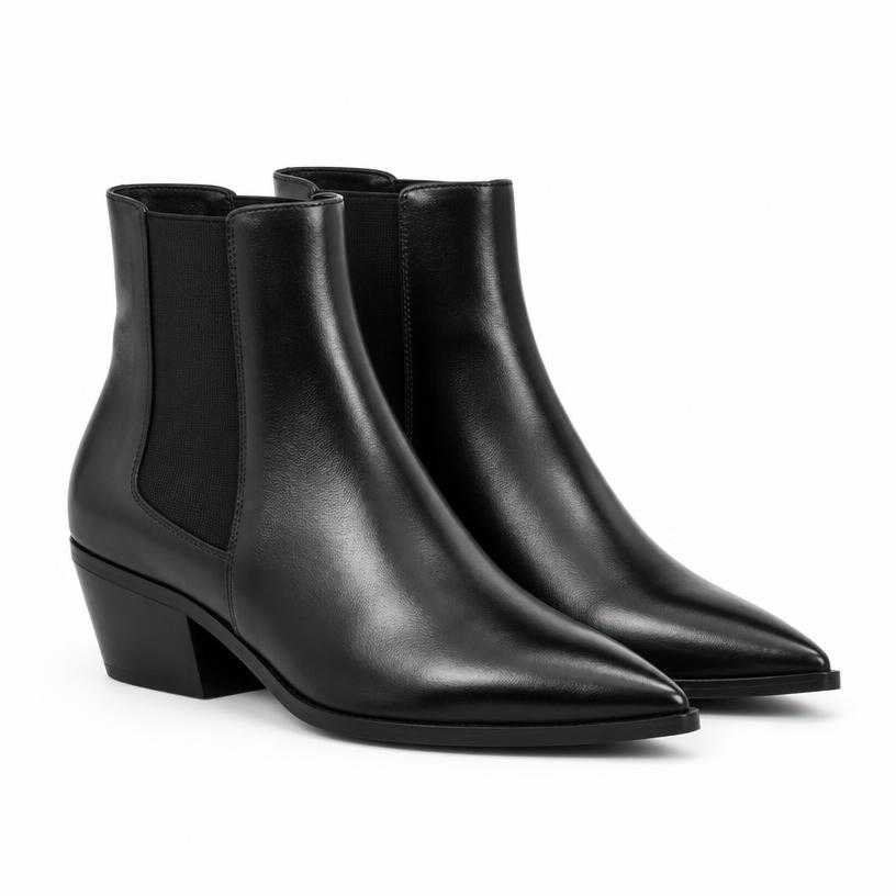 Generated item image of fitted black pointed toe leather-like ankle boots