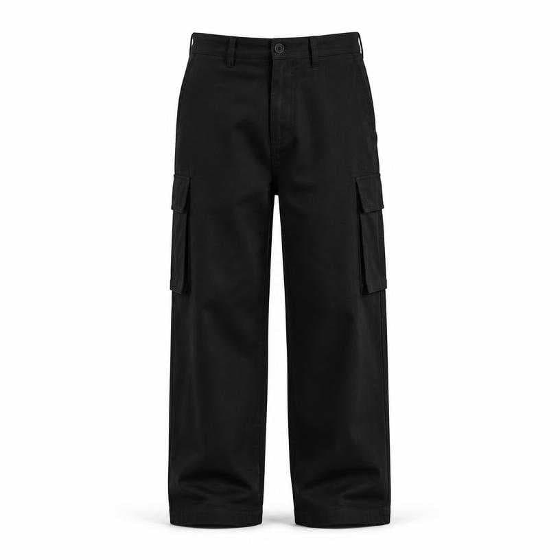 Generated item image of relaxed black wide-leg cotton twill cargo trousers