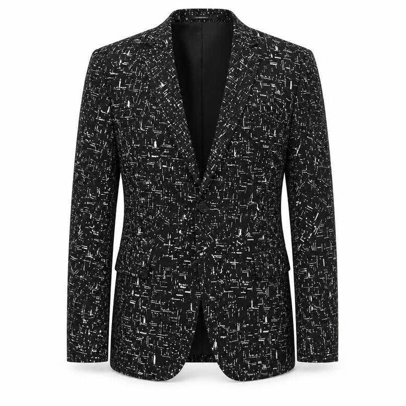 Generated item image of fitted black and white abstract dash woven suiting suit jacket