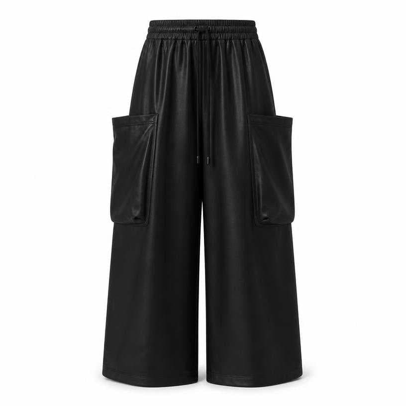 Generated item image of oversized black cargo pockets coated fabric wide-leg trousers