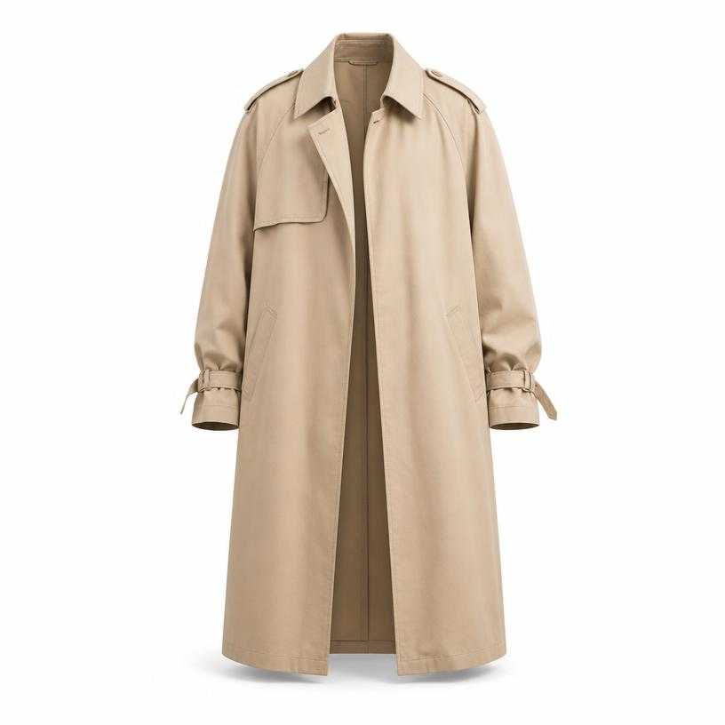 Generated item image of beige tan long length cotton twill trench coat