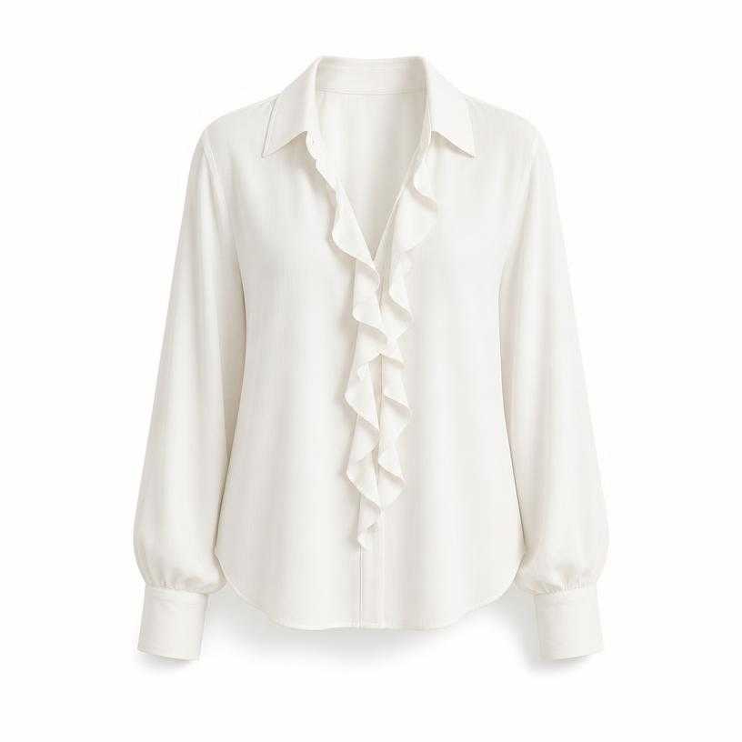 Generated item image of relaxed white front ruffle woven fabric blouse