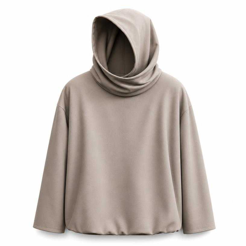 Generated item image of relaxed taupe beige draped hood smooth matte woven fabric hooded outer garment