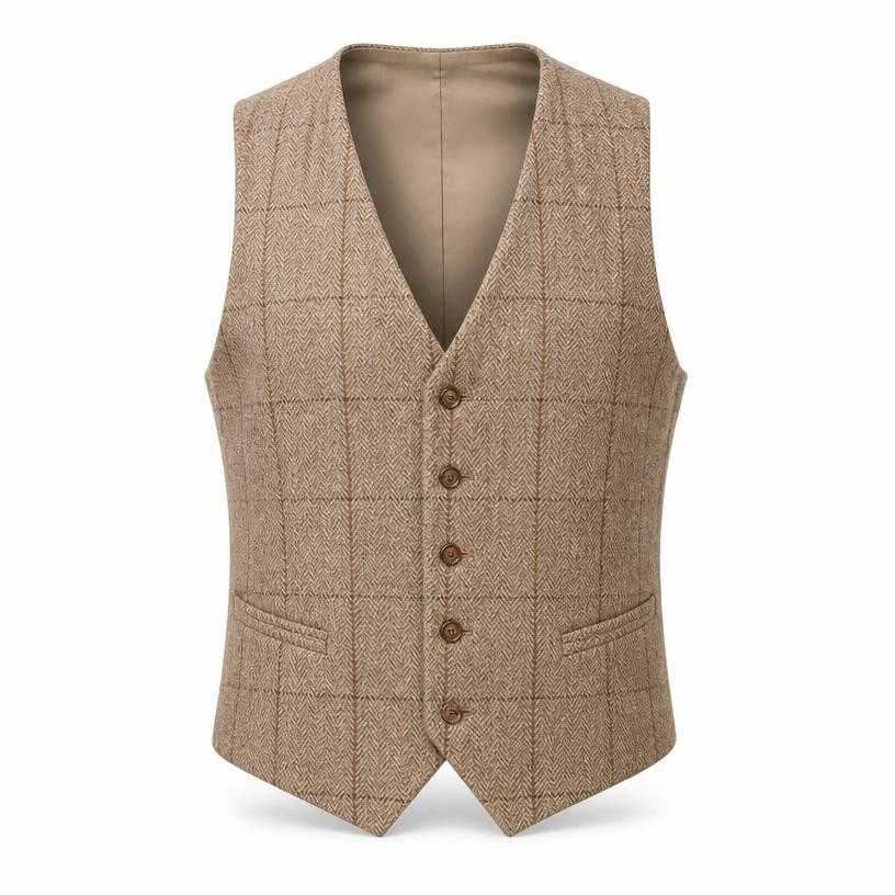 Generated item image of fitted beige tan button front tweed waistcoat