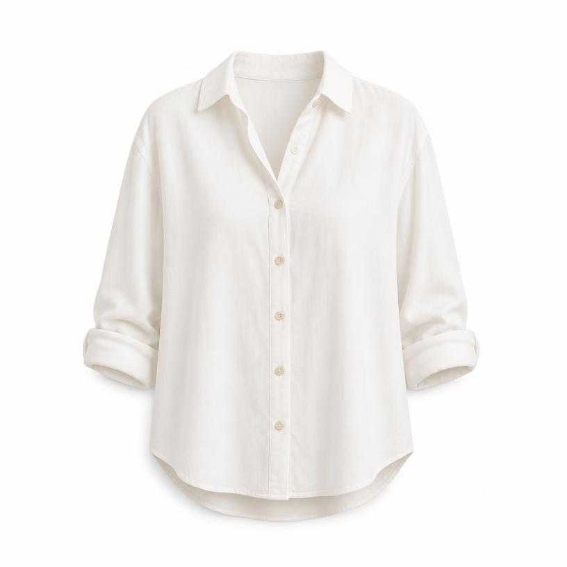 Generated item image of relaxed white collared lightweight woven fabric button-up shirt