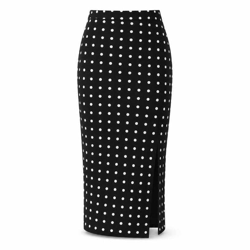 Generated item image of fitted black and white polka dot smooth woven fabric midi skirt