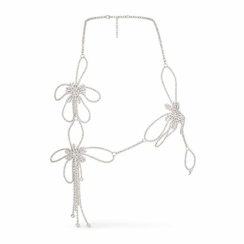 Generated item image of fitted silver halter-like rhinestone metal chain body-chain top