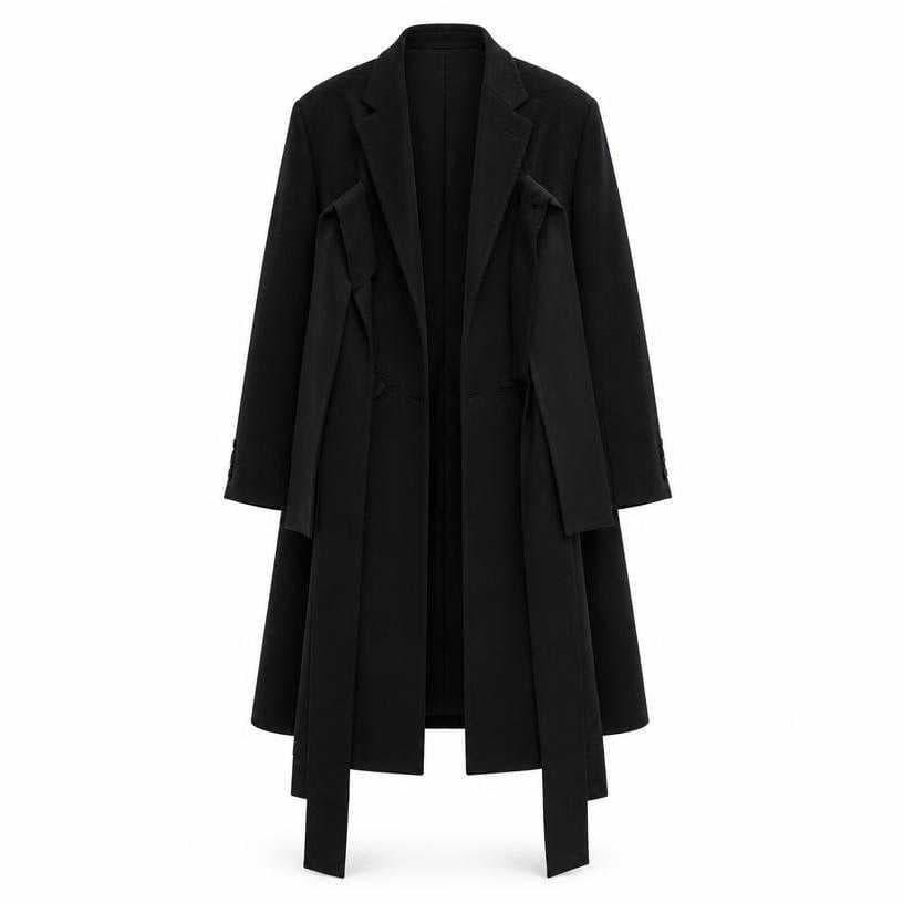 Generated item image of relaxed black tailored lapel wool-like woven fabric long coat