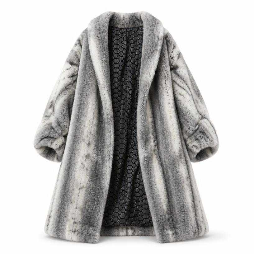 Generated item image of oversized grey and white long faux-fur coat