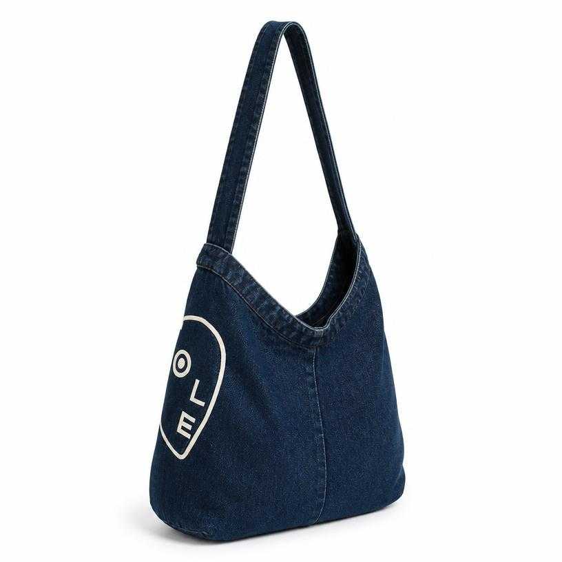 Generated item image of dark indigo blue wide strap denim-like textile crossbody bag