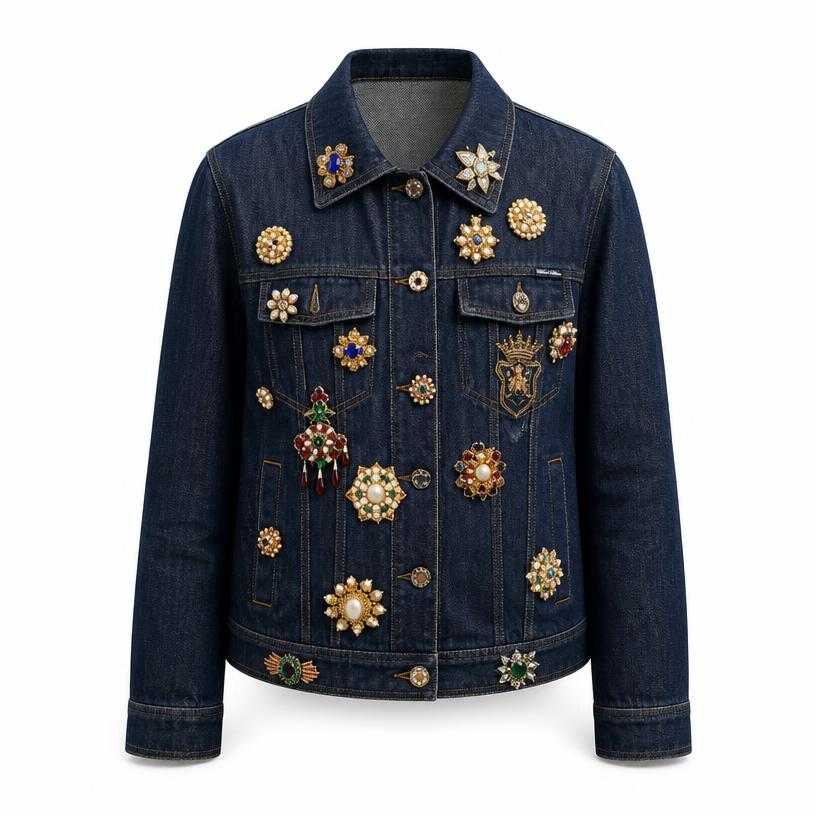 Generated item image of relaxed dark indigo blue jeweled denim jacket