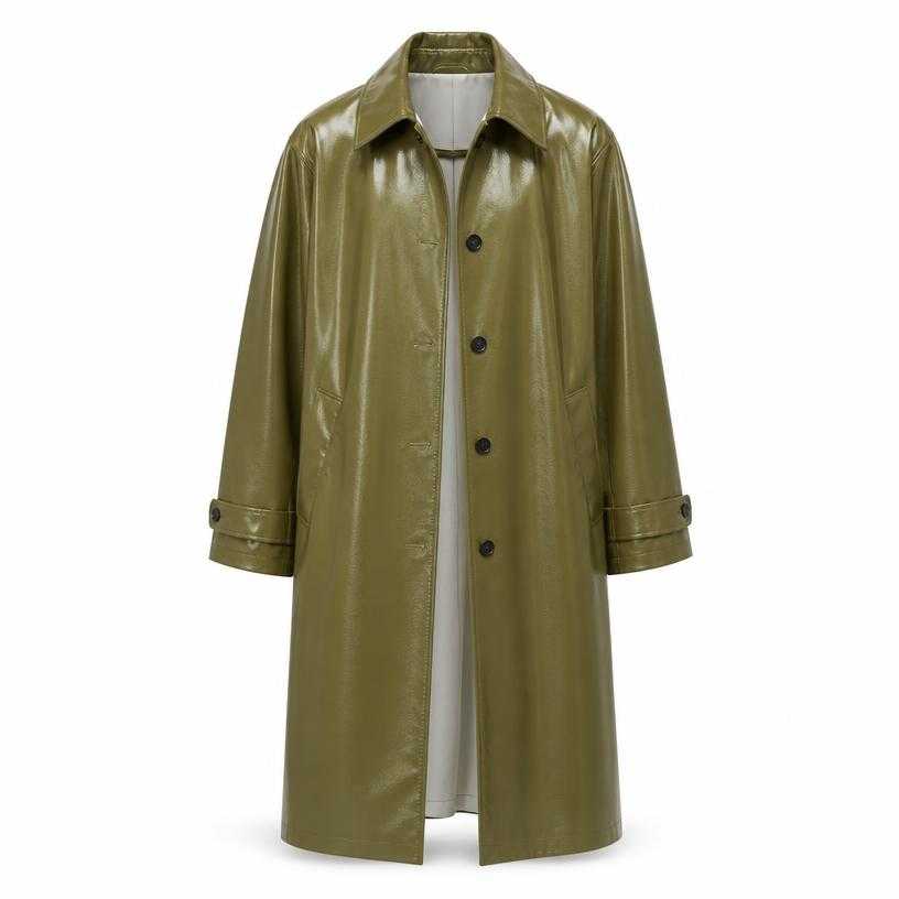 Generated item image of oversized olive green wide-collar coated leather-like long coat