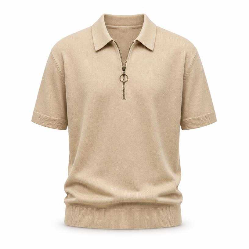 Generated item image of relaxed beige knit zip-neck polo shirt