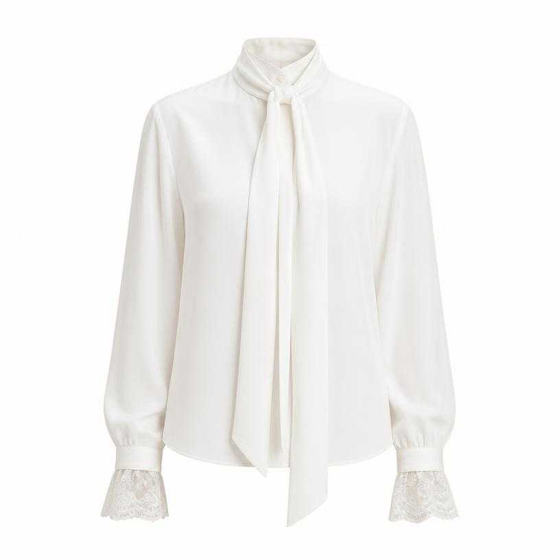 Generated item image of relaxed white lace-trimmed neck-tie blouse