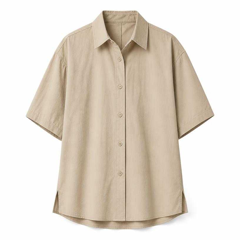 Generated item image of oversized beige short-sleeve woven fabric button-up shirt