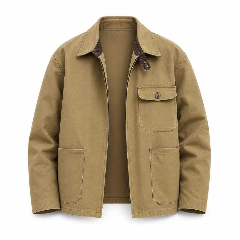 Generated item image of relaxed khaki tan open front cotton canvas utility jacket