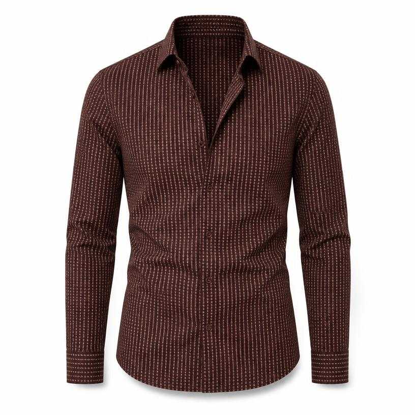 Generated item image of fitted dark burgundy brown small patterned woven fabric shirt