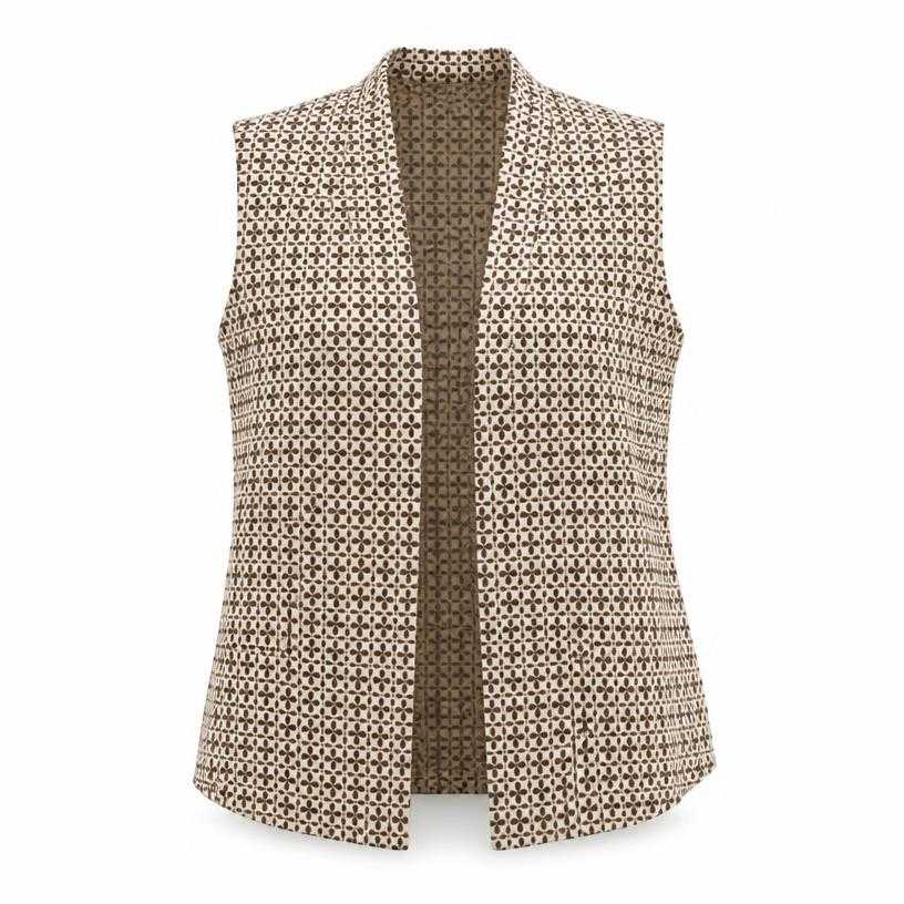Generated item image of relaxed cream and dark brown open front woven fabric sleeveless vest