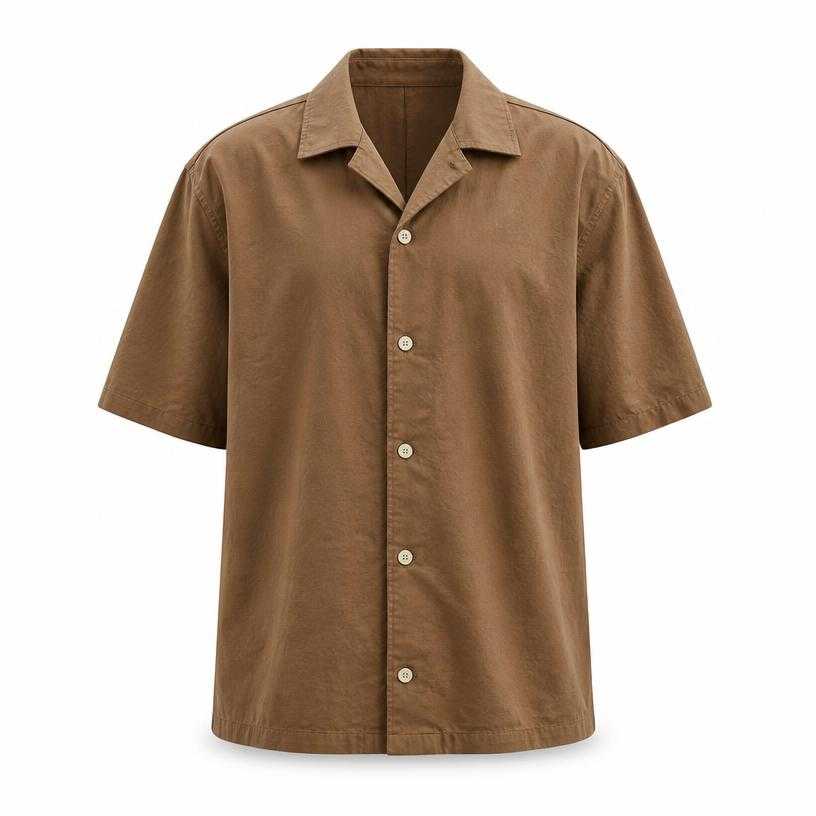 Generated item image of relaxed medium brown camp-collar button-front shirt
