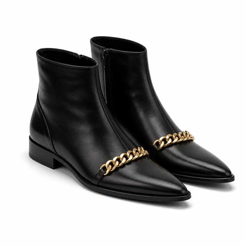 Generated item image of black and gold pointed toe polished leather shoes