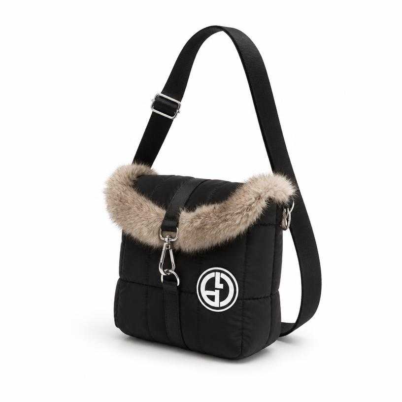 Generated item image of black with beige fur trim quilted nylon crossbody bag