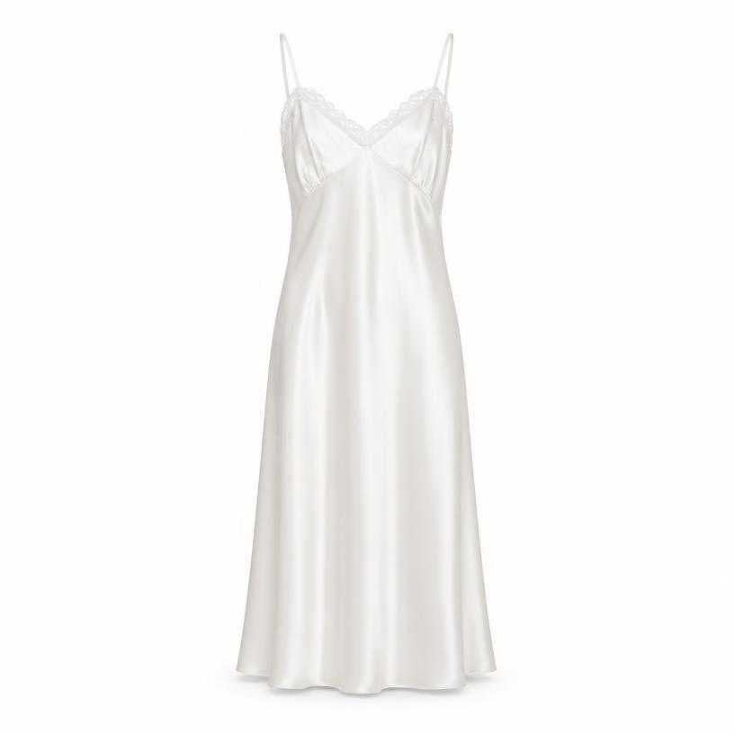 Generated item image of relaxed white lace-trim satin-like fabric slip dress