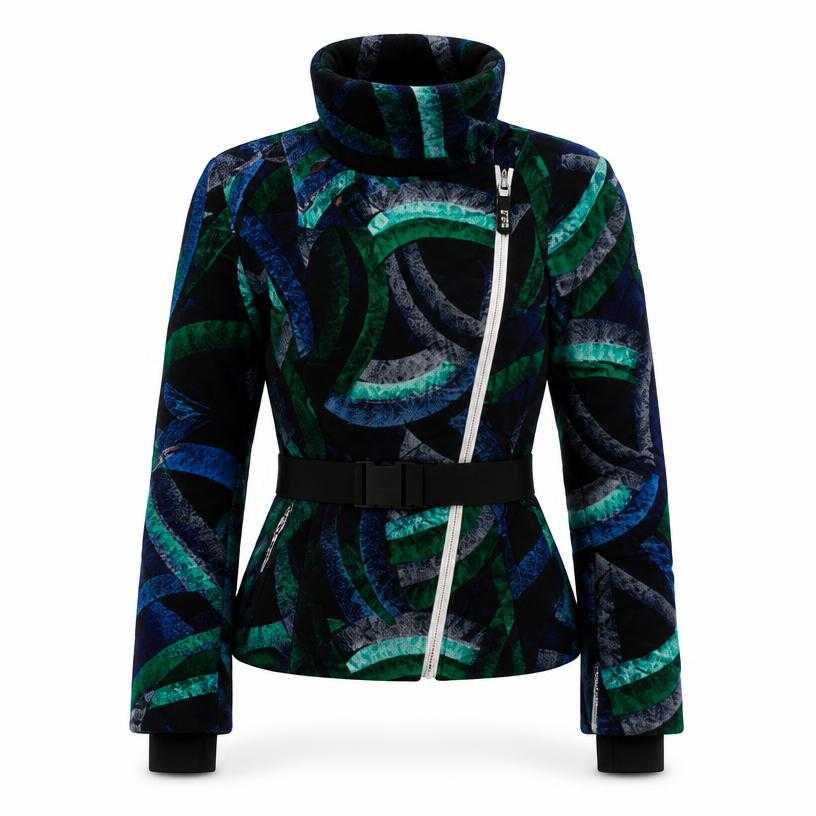 Generated item image of fitted black with blue and green abstract pattern technical woven shell ski jacket