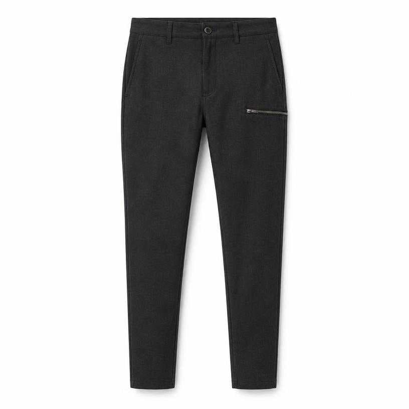 Generated item image of fitted dark grey zip detail woven fabric trousers