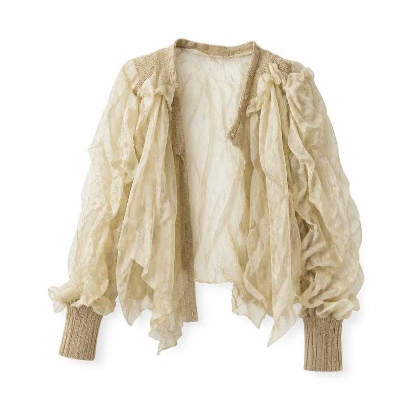 Generated item image of relaxed pale beige cream ribbed cuffs crumpled fabric sheer jacket