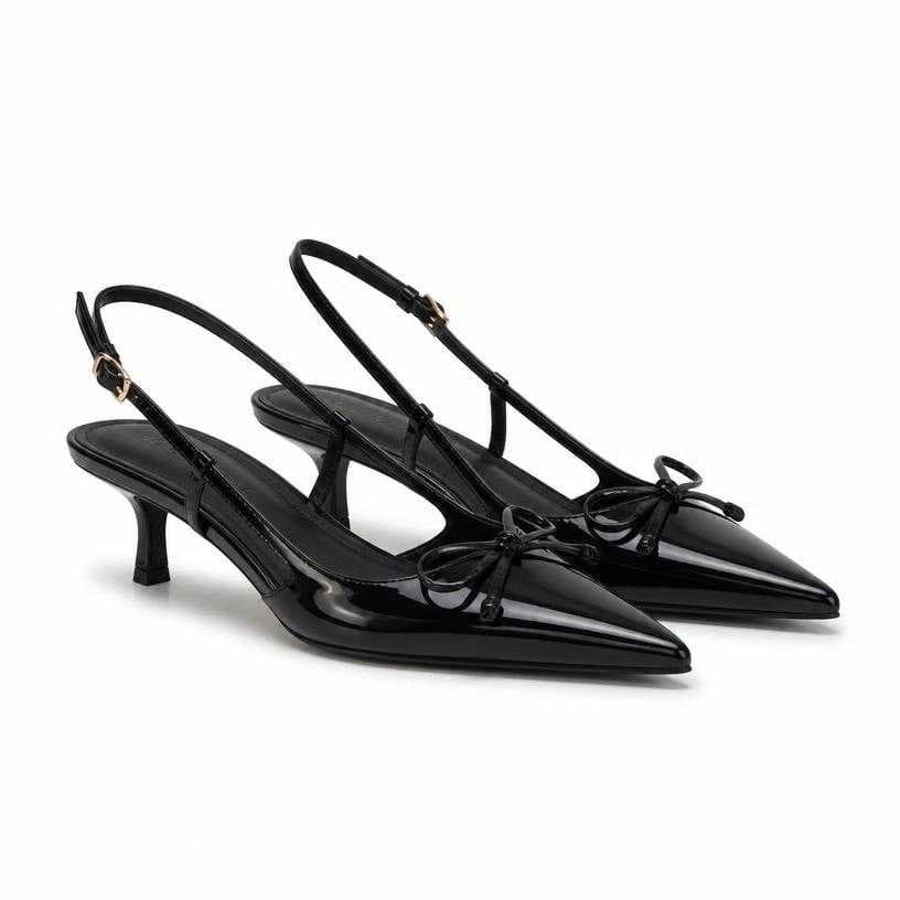 Generated item image of fitted black pointed toe glossy leather slingback heels
