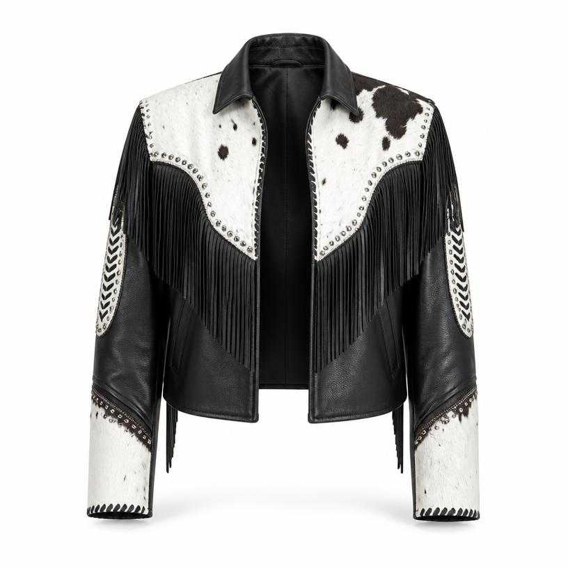 Generated item image of relaxed black and white fringed western jacket