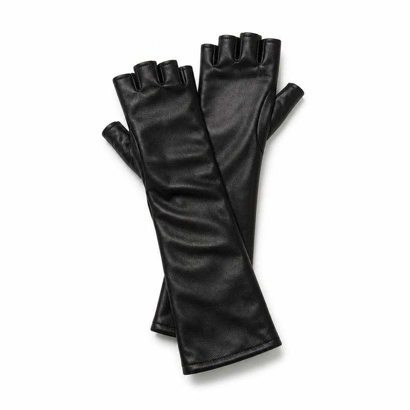 Generated item image of fitted black long fingerless leather-like material gloves