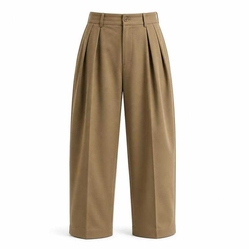 Generated item image of relaxed tan khaki pleated woven suiting fabric trousers