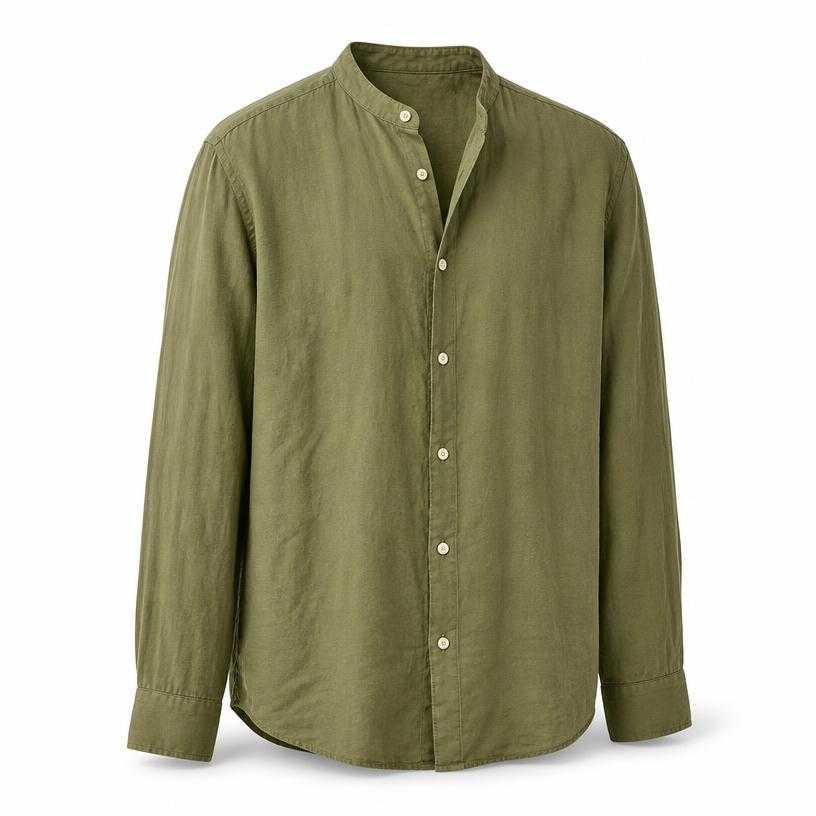 Generated item image of relaxed muted olive green mandarin collar lightweight woven fabric shirt