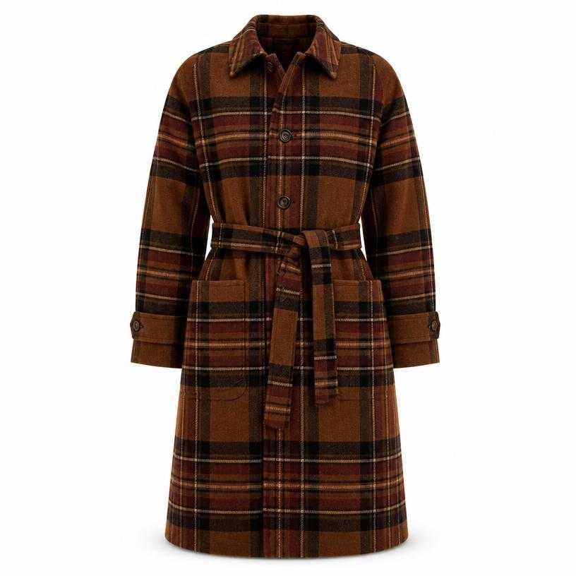 Generated item image of relaxed warm brown large-scale plaid wool-like fabric overcoat